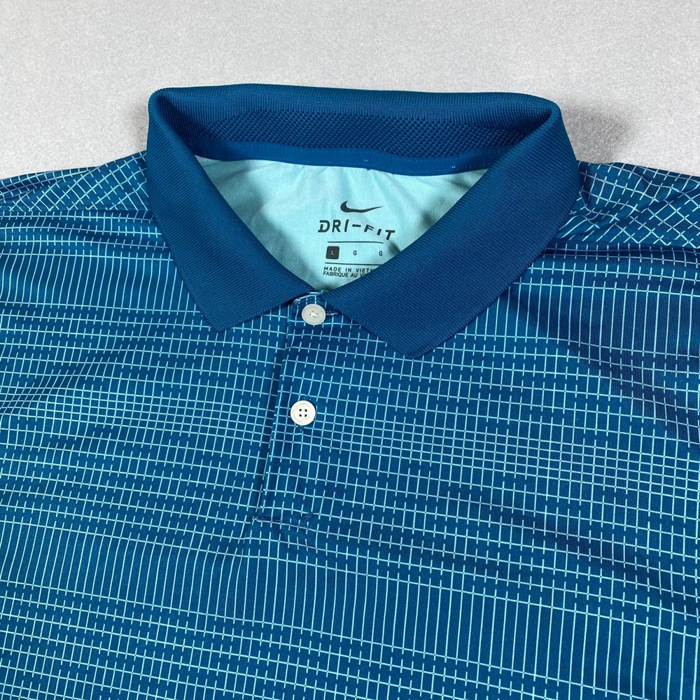 Nike Dri-Fit Mens Polo Shirt Blue Green Grid Pattern Performance Golf Top Size L